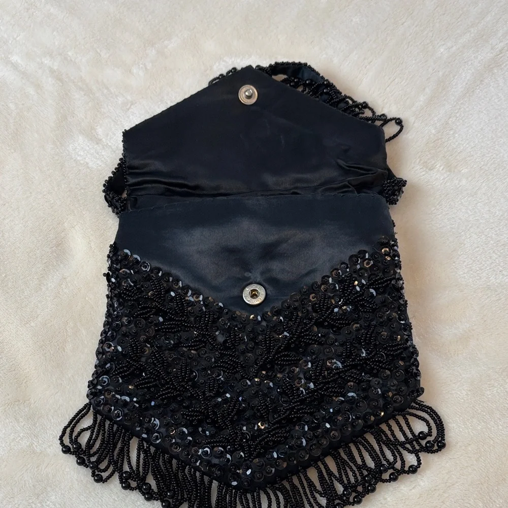 Vintage Handmade Black Beaded Fringe Evening Bag - For Ganson of California
